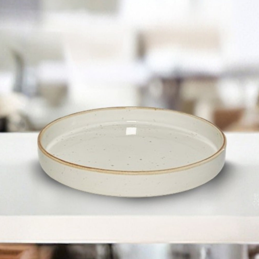 brown edged cream ceramic deep plate elegant serveware for snacks meals and stylish dining presentation